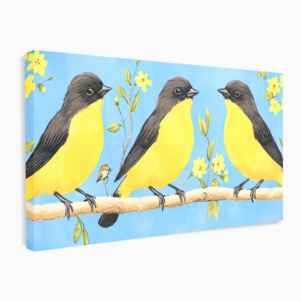 Tablou canvas cu tablou canvas cu trei pasari pe ramura, fara rama, pe sasiu de lemn